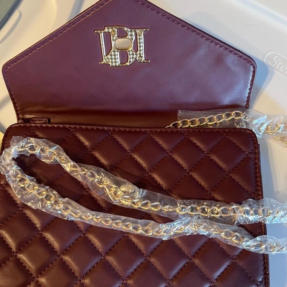 Badgely Mishka Women's Deep Plum Quilted Crossbody Wallet Gold Chain Strap NIP